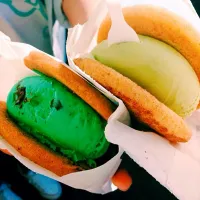 Snapdishの料理写真:Green Tea w/ snicker doodle cookie & mint chocolate chip w/ chocolate chip cookie|asiayuuuさん