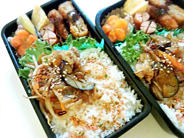 お弁当♬
・豚肉、野菜ｵｲｽﾀー炒め
・里芋煮物
・コロッケ、白身魚フライ|さっちんさん