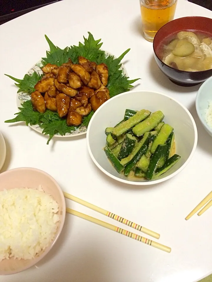 ササミの照り焼き、なすの味噌汁、キュウリの胡麻和え|よねこねこさん