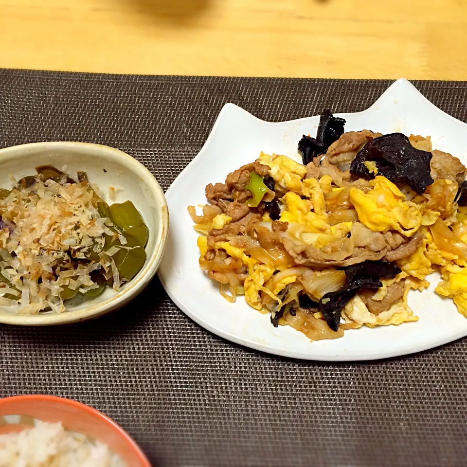 豚肉とキクラゲの卵炒め、茄子とピーマンの煮浸し|misakiさん