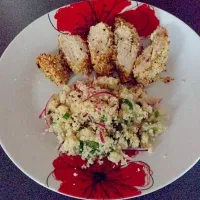 Snapdishの料理写真:Lime and coconut crusted chicken with cous cous salad|xemma-louxさん