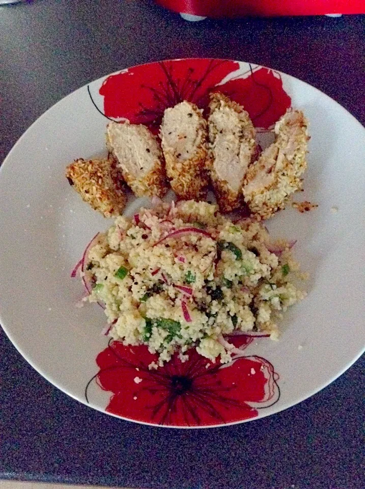 Snapdishの料理写真:Lime and coconut crusted chicken with cous cous salad|xemma-louxさん