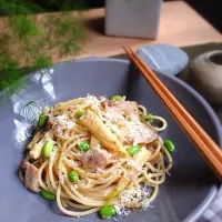 Snapdishの料理写真:Spring pasta,with bamboo shoot,edamame,cured pork