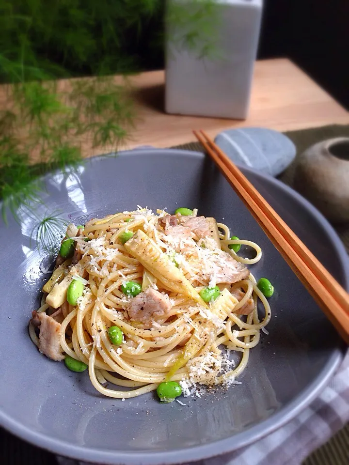 Spring pasta,with bamboo shoot,edamame,cured pork|rick chanさん