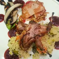 Snapdishの料理写真:Grilled Texas Quail with Seared Pork Loin, Chipotle Barbeque Sauce and Leeks and Cous Cous|Dustin Stairさん