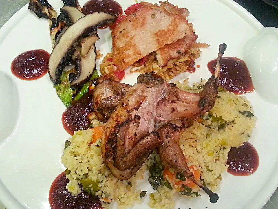 Grilled Texas Quail with Seared Pork Loin, Chipotle Barbeque Sauce and Leeks and Cous Cous|Dustin Stairさん