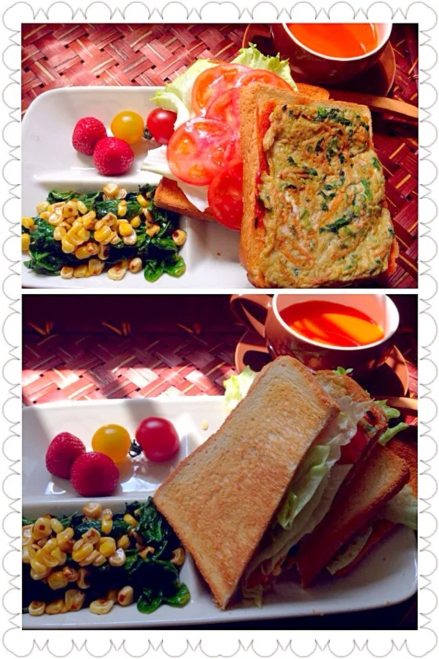 Snapdishの料理写真:Spinach egg sandwich🌿ほうれん草の卵焼きｻﾝﾄﾞｳｨｯﾁ|🌈Ami🍻さん