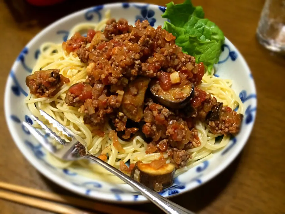 茄子のミートソースパスタ|もっつぁさん