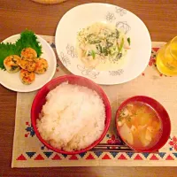 Snapdishの料理写真:チキンのクリーム煮、大葉つくね、大根とベーコンのスープ|大塚 みえさん