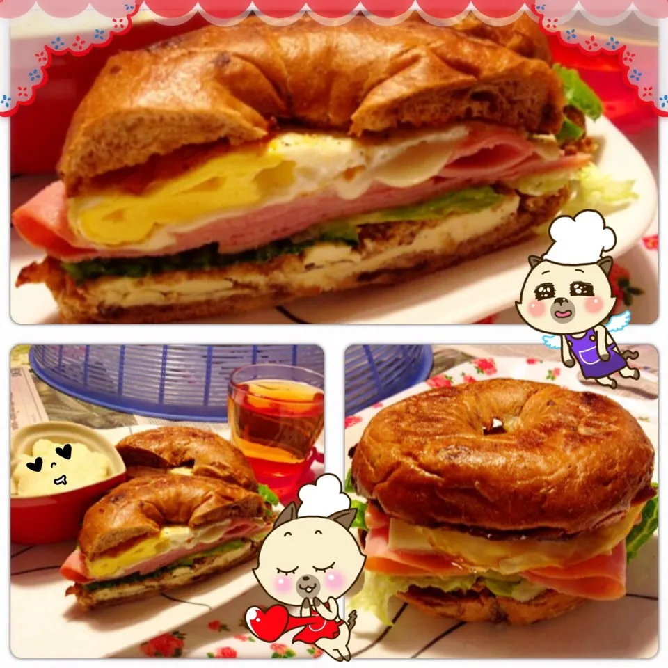 Ham Fried Egg w/Swiss cheese on a Raisin bagel, mashed potatoes, and a cup of Rose Tea.|SnowConeさん