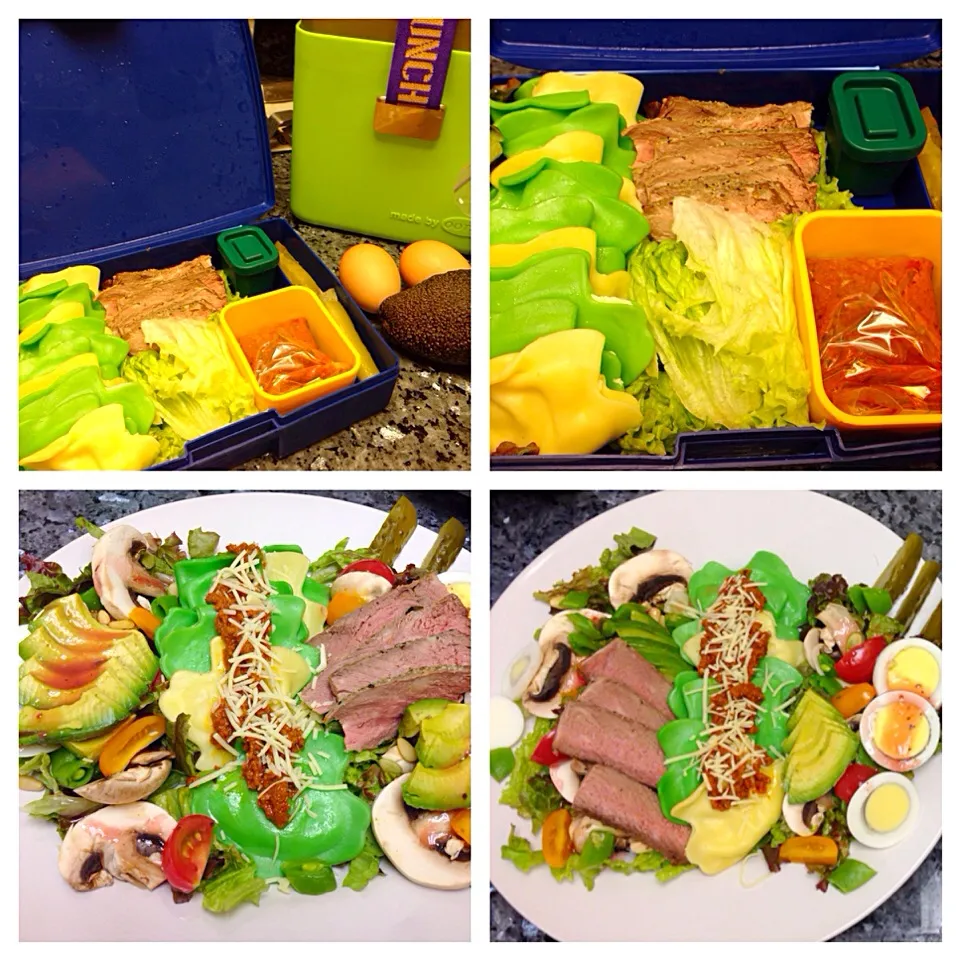 Salad and Pasta Lunch for two - Shamrock cheese filled ravioli with sun dried pesto and mozzarella cheese, salad with: steak , avocado. green pea pods, hard boi|Cheryl Melnickさん