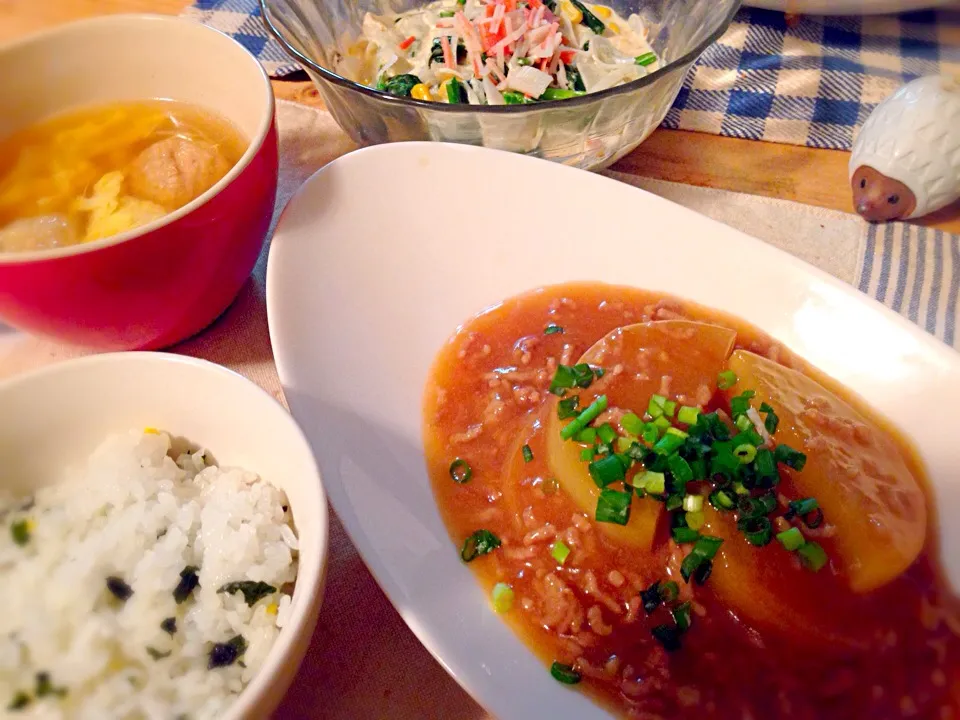 わかめご飯 大根と挽肉の甘煮|オカメさんさん