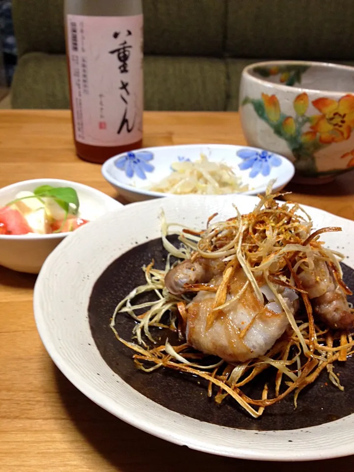 蓮根の豚バラ巻きぽん酢掛け牛蒡素揚げとともに♡モヤシのナムル♡ミニカプレーゼ|さちこ(さがねっち)さん