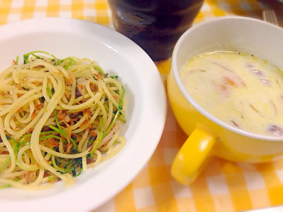 桜海老と豆苗のパスタと豆乳スープ|Mayumi Yamasakiさん