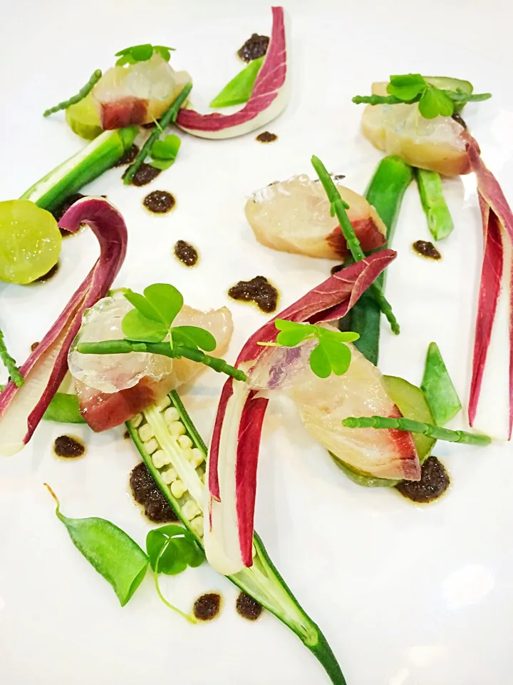 Hamachi cured with kombu & lime, sea jelly with black garlic bagna cauda sauce|12Dragonさん