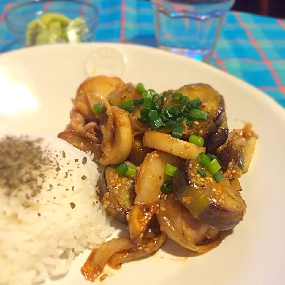 鳥ももとなす、エリンギの味噌炒め丼|ai_0704さん