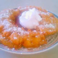 Snapdishの料理写真:Funnel cakes with mixed fruit compote.|Harvey Quin Hoyesさん