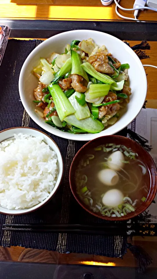 豚肉ピーマンキャベツとチンゲン菜のオイスターソース炒め、ウズラの玉子のチキンスープ|三宅章人  Akihito Miyakeさん