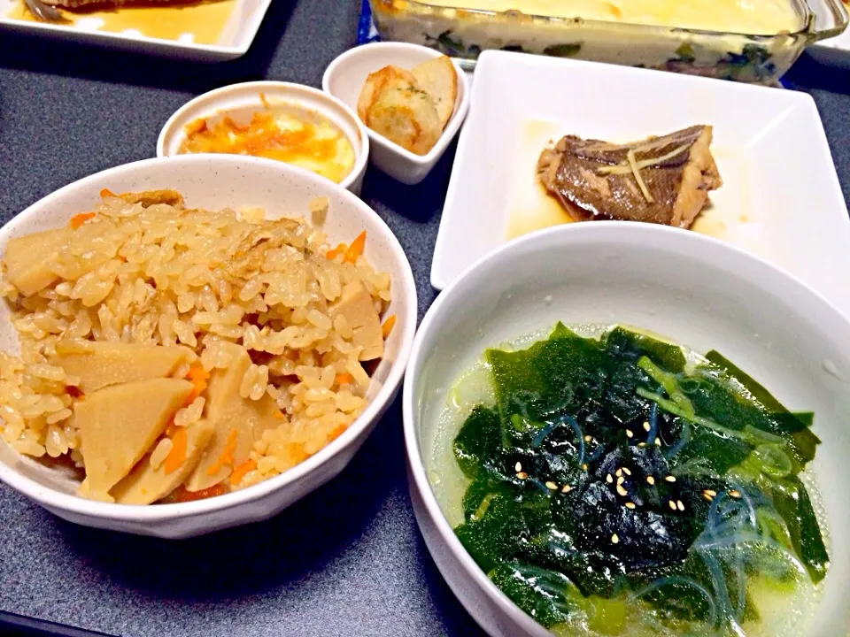筍ご飯 春雨スープ カレイの煮付け 里芋の天ぷら 小松菜のココット焼き|nagatomomiyuさん