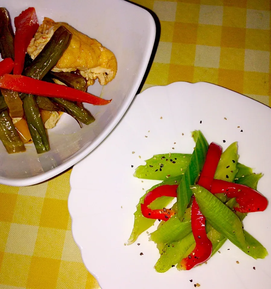 Snapdishの料理写真:Stir-fried nama age Tofu w/ veggies in oyster sauce+pickled celery|Ederさん