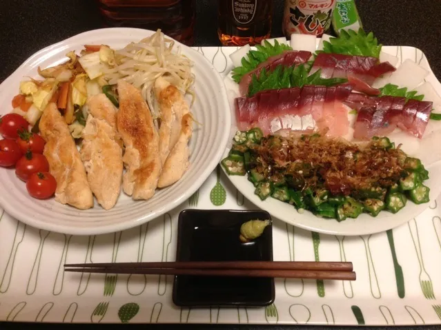 ささみの塩焼き、野菜炒め、モヤポン、ミニトマト🍅、刻みオクラ、ハマチのお刺身！✩⃛꒰⁎⁍̴◡⁍̴⁎ ॢ꒱✨|サソリさん