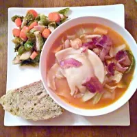 Butternut Squash and Pierogi Soup with Bacon, Roasted Brussels Sprouts and Carrots, and homemade sourdough herb bread.|hilary hagemanさん