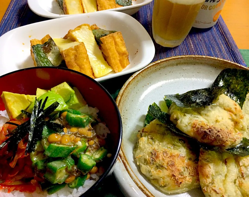 ねばねば具材丼、大根もち、厚揚げ焼き2種/チーズ、大葉にんにく醤油|ぷっくりんこ💙さん