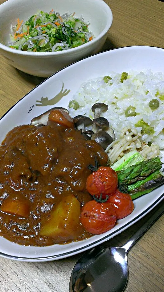 豆ごはんと具だくさんカレー|みあこさん