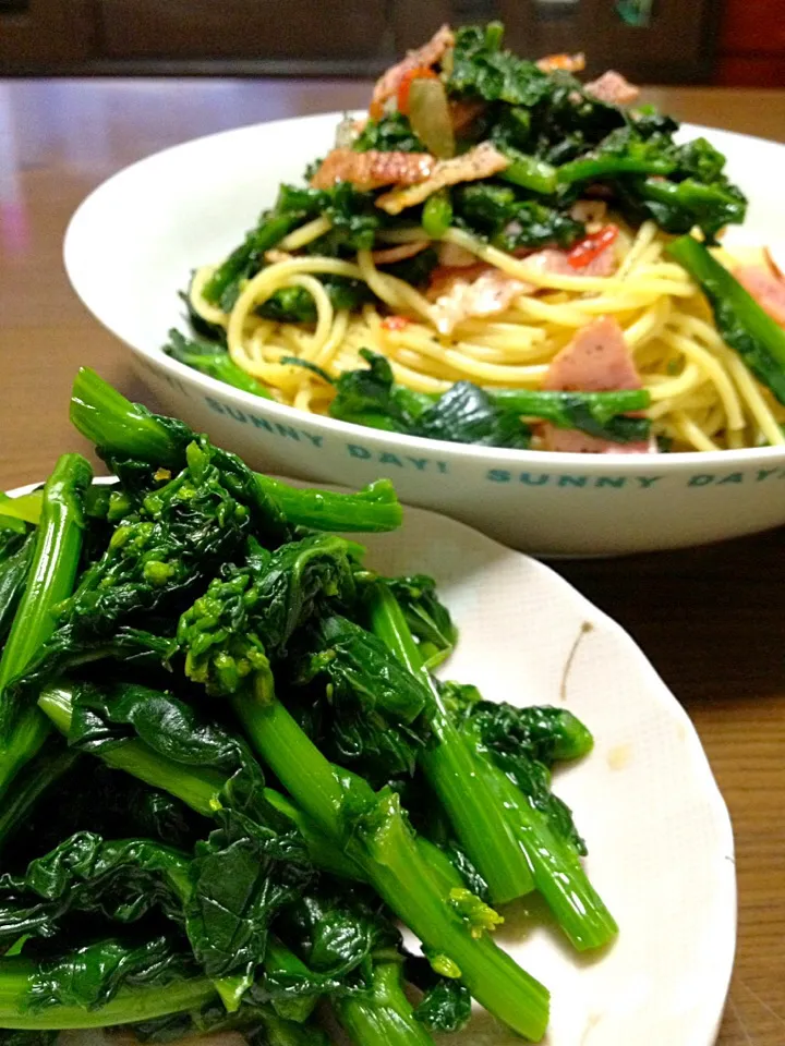 菜の花のおひたし＆パスタです。ほろ苦さがどうにもクセになる♪♪たっぷり頂きたい春のお味☆|ゆんゆんゅんさん