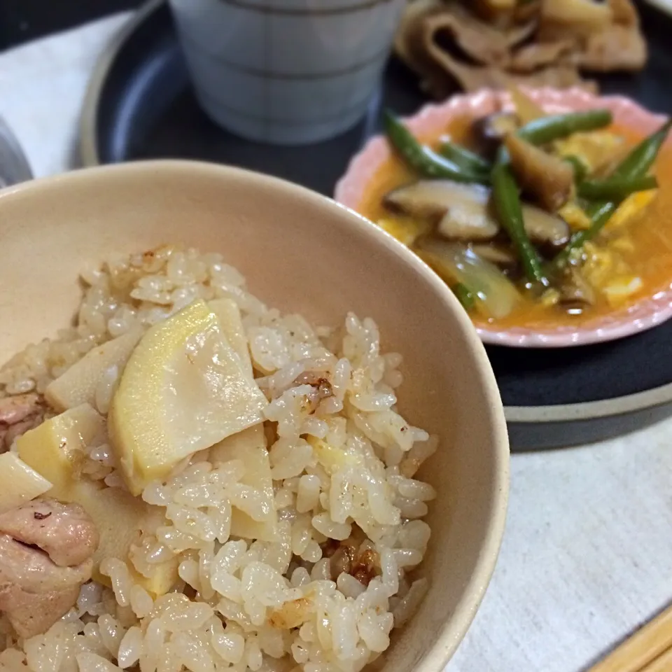 たけのこご飯、インゲンと椎茸の卵とじ|kumiさん