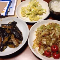 Snapdishの料理写真:麻婆茄子 キャベツの胡麻和え ポテトサラダ|Manamiさん