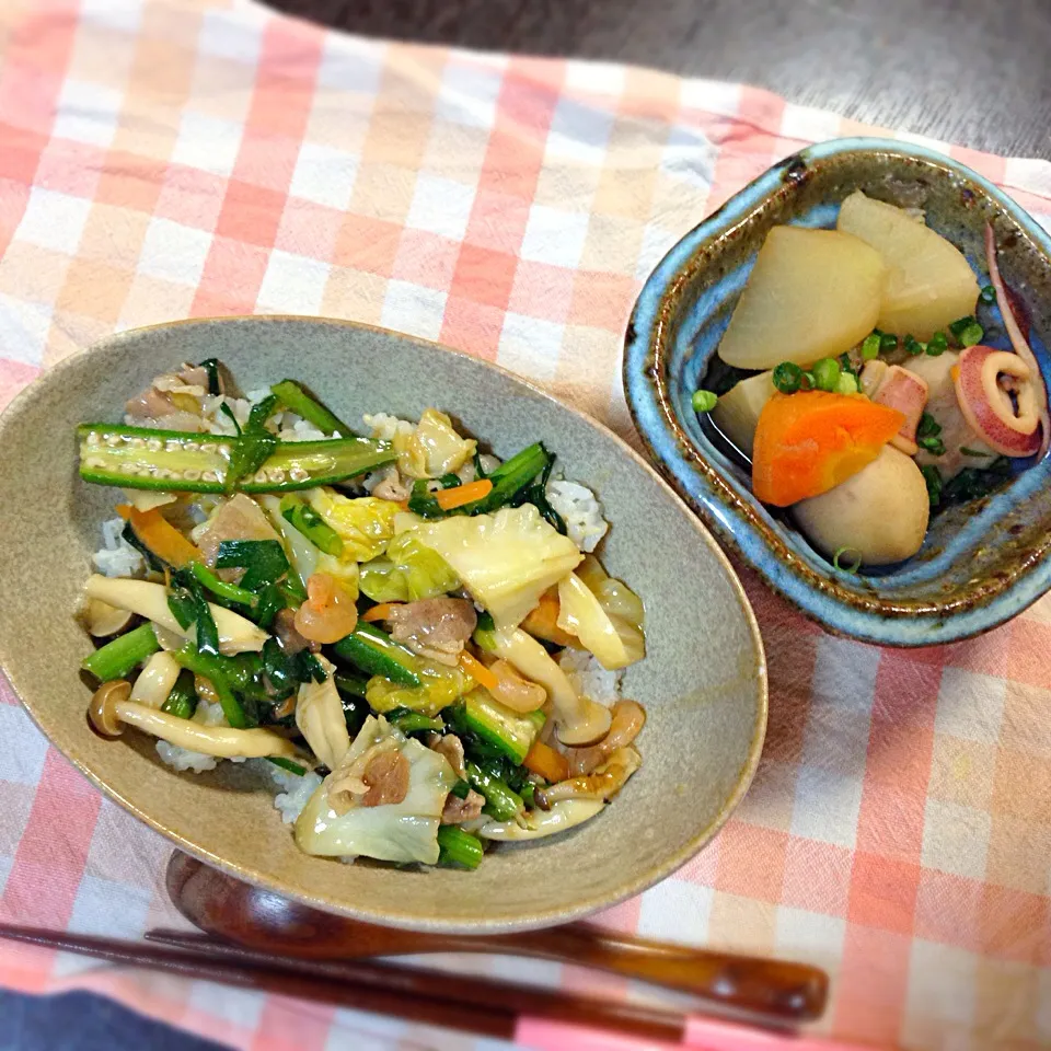 野菜中華丼  根菜とイカの煮物|2boy mamさん