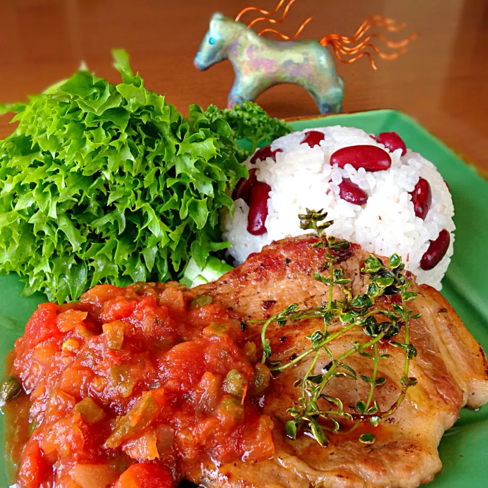 ちーちさんのキドニー豆ご飯  ☆豚肉のハーブ焼きサルサソース💃|もとぱんさん