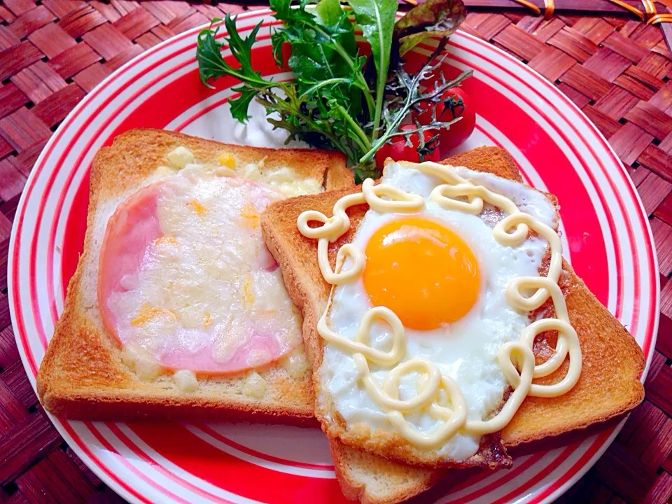 Snapdishの料理写真:Fried egg&Ham cheese Toast🍳目玉焼き&ﾊﾑﾁｰｽﾞﾄｰｽﾄ|🌈Ami🍻さん