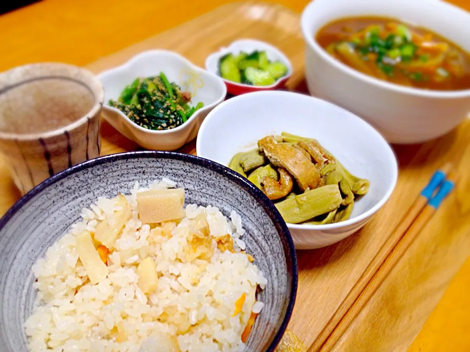 4月15日晩御飯☆たけのこご飯・イタドリのさっと煮・ほうれん草の胡麻和え・カレーうどん・きゅうりの浅漬け|kie3さん