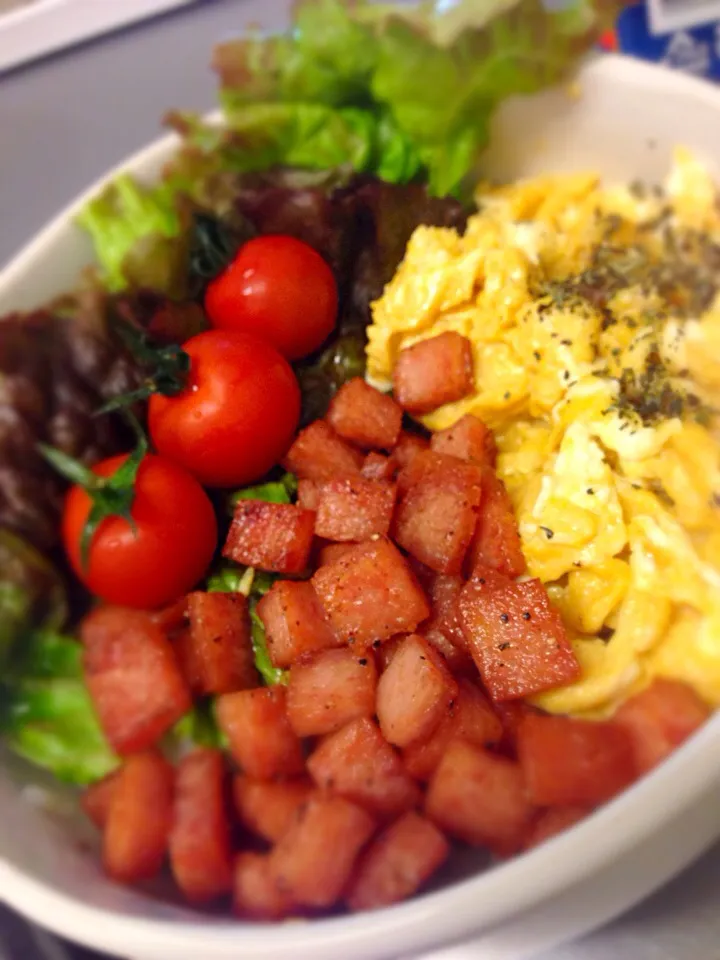 Snapdishの料理写真:スパムとスクランブルエッグ丼❤️with lettuce and mini tomato 🍅🍳|あびさん