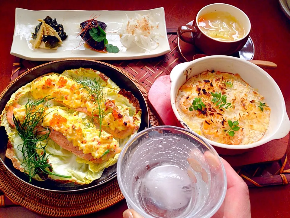 Today's Dinner🍴おつまみ･筍と海老のﾄﾛﾛ味噌ｸﾞﾗﾀﾝ･ｻｰﾓﾝﾀﾙﾀﾙ焼き･お野菜のｺﾝｿﾒｽｰﾌﾟ|🌈Ami🍻さん