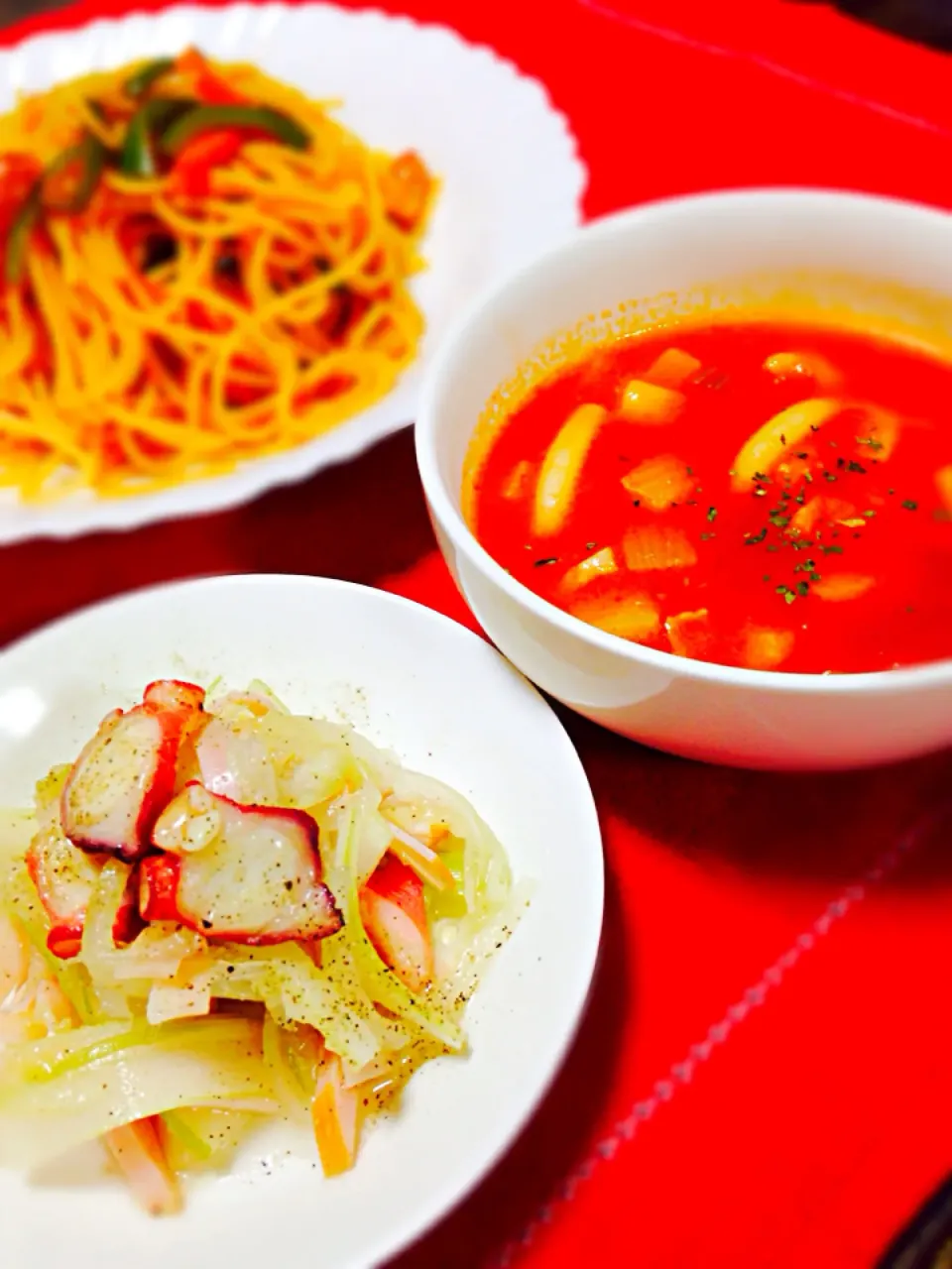 夕食( ›◡ु‹ )タコ＆セロリのマリネ✴︎ナポリタン✴︎ミネストローネ|ごんさん