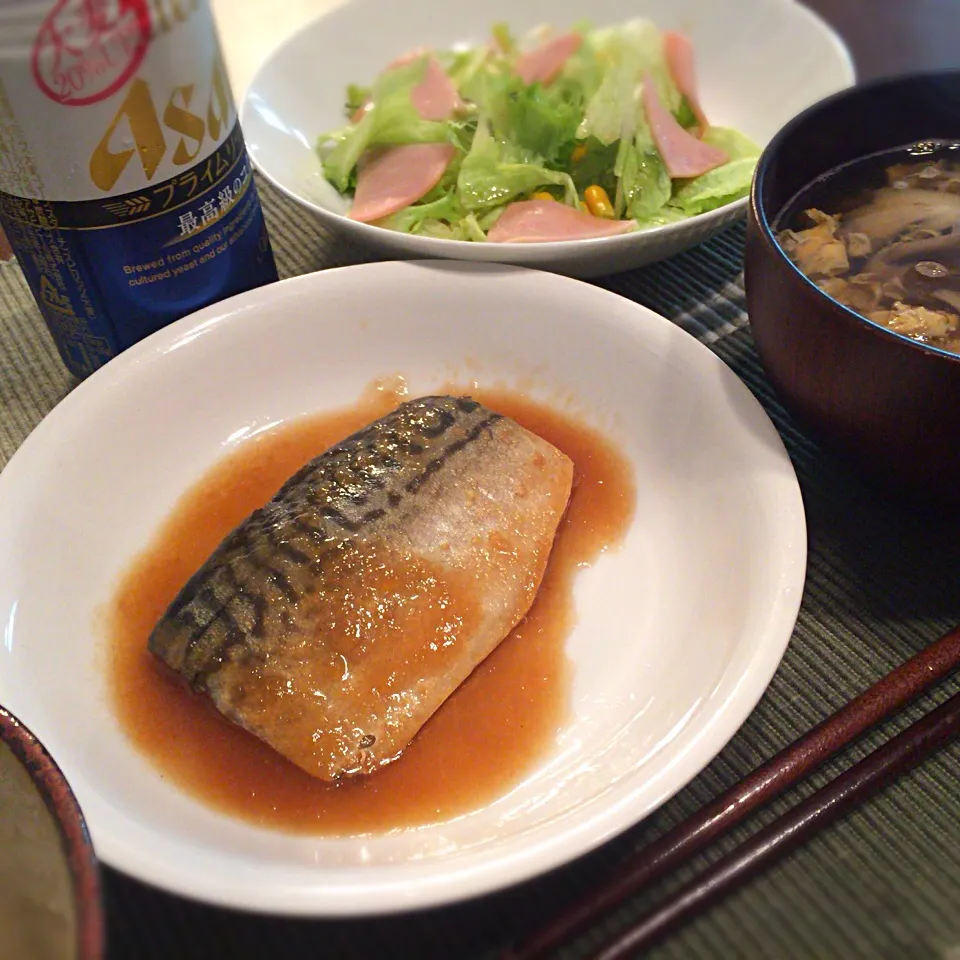 鯖味噌煮 ハムサラダ 舞茸かき卵汁|さるさん