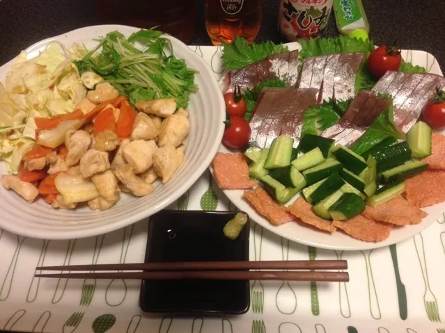 鶏胸肉の塩焼き、ハマチのお刺身、明太子天、塩もみキュウリ、ミニトマト🍅！✩⃛꒰⁎⁍̴◡⁍̴⁎ ॢ꒱✨|サソリさん