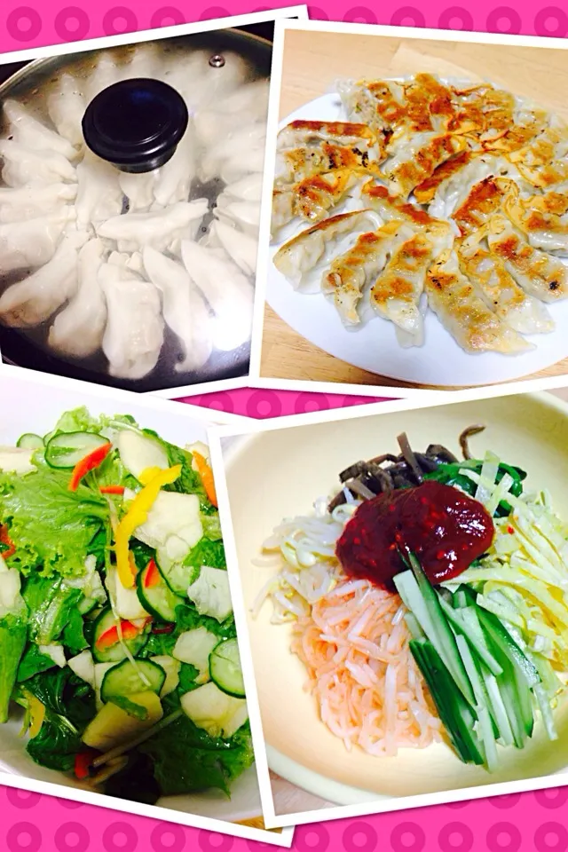 Snapdishの料理写真:Bibimpap, gyouza and vegetable salad with green apple|Laarni Nabongさん