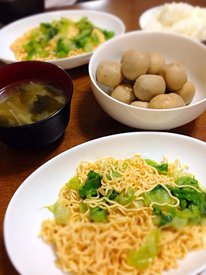 里芋の煮物、明太焼きそば(カップ麺ー笑笑 レタス加えたw|あーさんさん