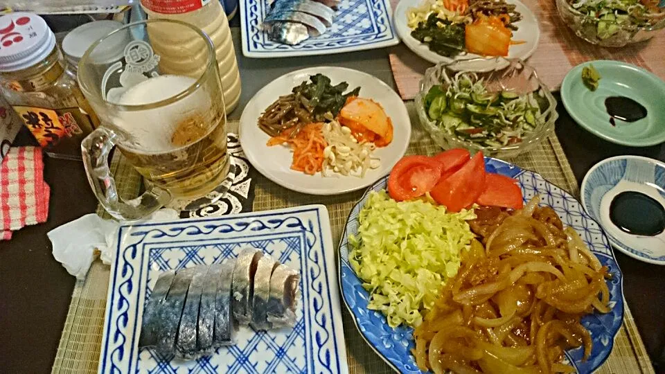 キムチとナムル＆タモリの豚しょうが焼き＆シメサバ＆＆酢の物|まぐろさん