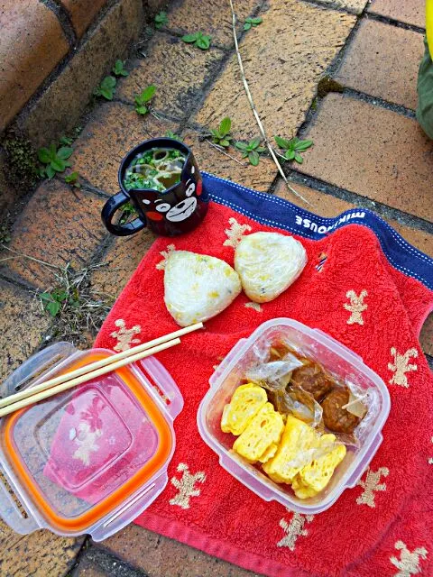 Snapdishの料理写真:チビと二人だとこんなもの(^-^;な、急遽波止場でお弁当ランチ|ゆうちゃんさん