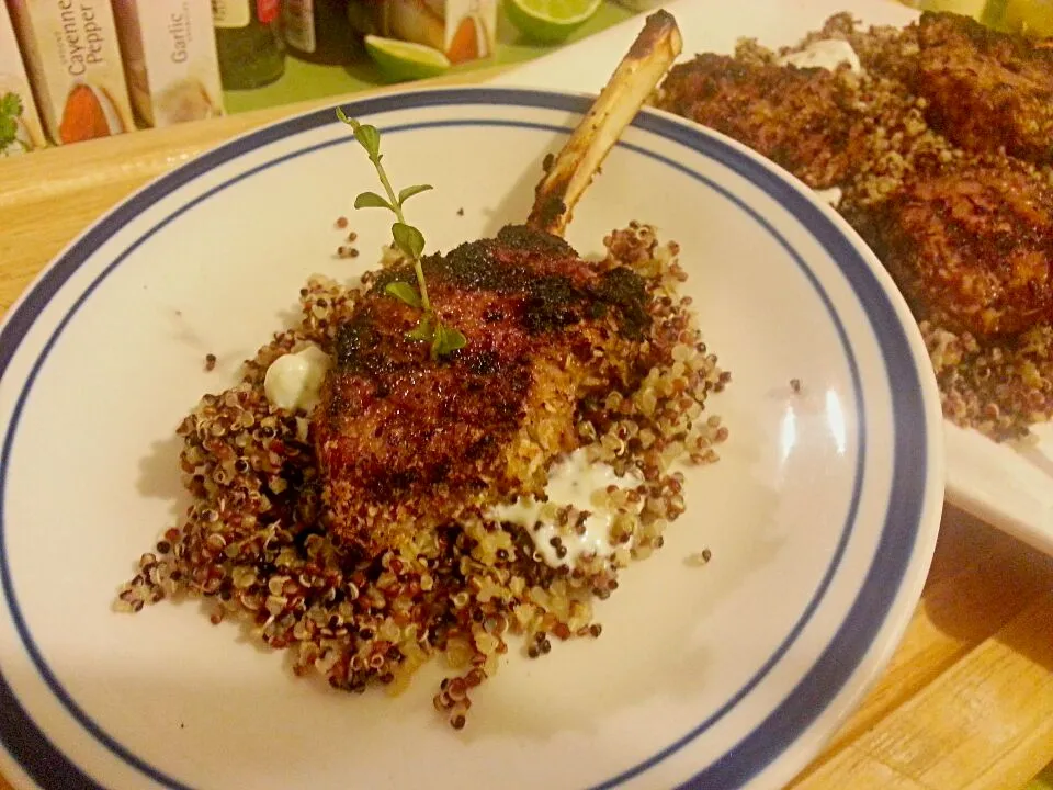 Lavender crusted Lamb "Lollipop", with cucumber tzatziki,  rainbow quinoa.  Yum!|Stacy Dowさん