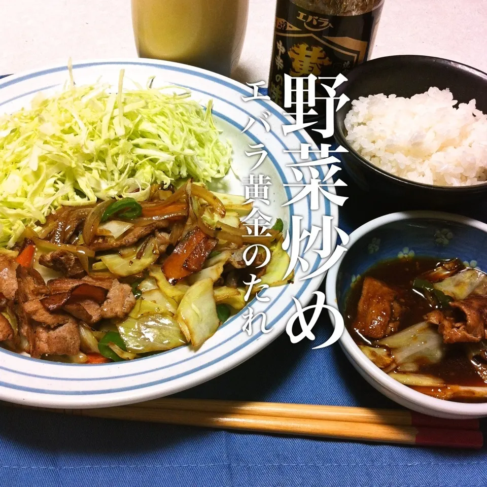 140418-野菜炒め(エバラ黄金のたれ)/キャベツサラダ/ご飯 ¥240 #夕食 #自炊|dune725さん