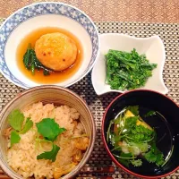 じゃが芋まんじゅう、はなっこりーの和え物、あさりご飯、しめ卵とえびのすまし汁|kauilehuaさん