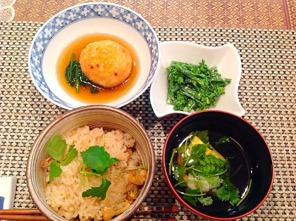 じゃが芋まんじゅう、はなっこりーの和え物、あさりご飯、しめ卵とえびのすまし汁|kauilehuaさん