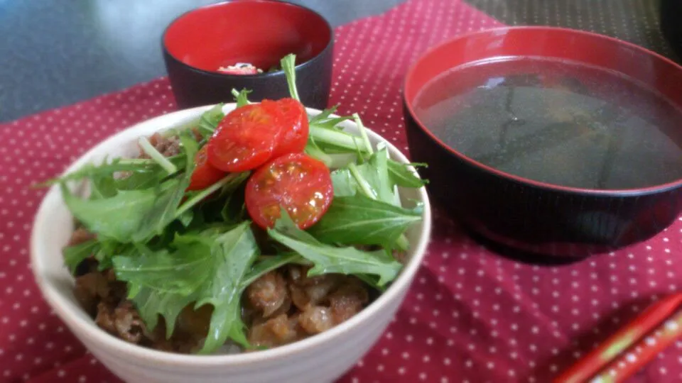 お昼ごはん
豚丼、ワカメスープ、かぶの漬け物|さっちんさん