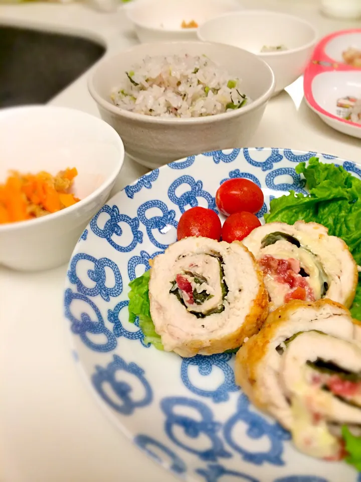 ムネ肉の大葉梅チーズ巻き＆しりしり＆雑穀ご飯のちりめん野沢菜混ぜ|Ai Zamaさん